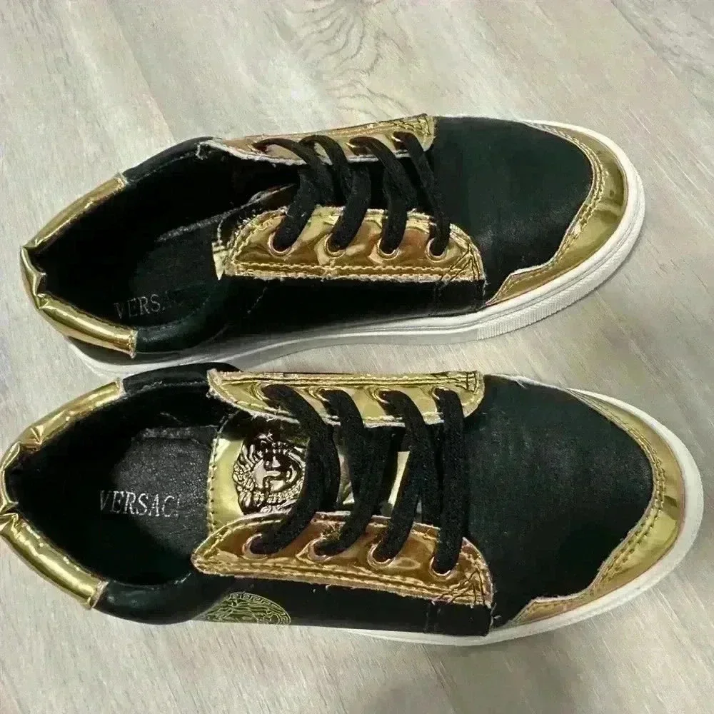 5. Versace sneakers boys shoes Leather Embossing Design Black Gold Metal Low Cut